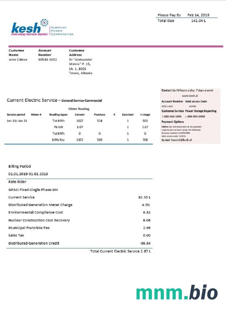 Albania Albanian Power Corporation rachunek za media Pobierz przykład w formacie Word i PDF